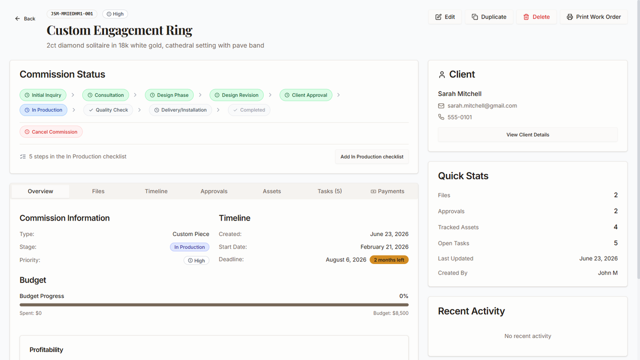 JewelryStudioManager commission tracker showing a custom engagement ring moving through design, approval and production stages