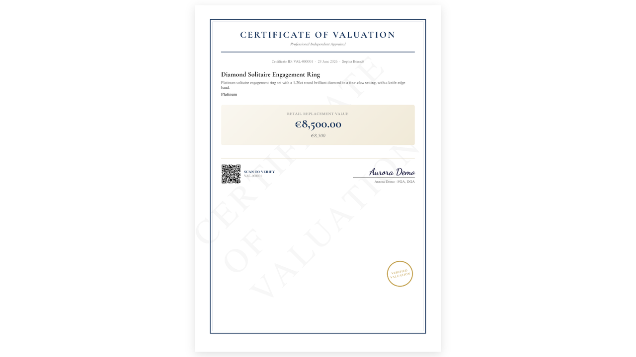 Jewel Value certificate of valuation for a diamond solitaire engagement ring, with QR verification