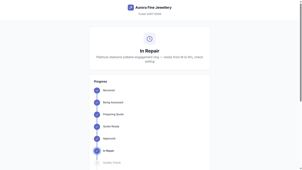 RepairDesk customer-facing repair tracker showing a jewellery repair progressing from received to quality check