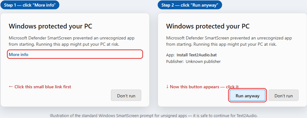 Getting past the Windows SmartScreen prompt: click More info, then Run anyway